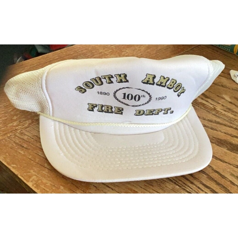 Vintage South Amboy NJ Fire Dept 100th 1990 Snapback Hat White Trucker Cap